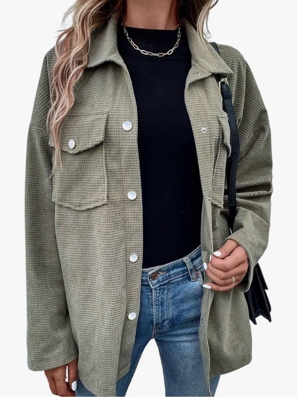 New Oversized Waffle Knit Shirt Jacket Women's XL Green Shacket Dolman Sleeves